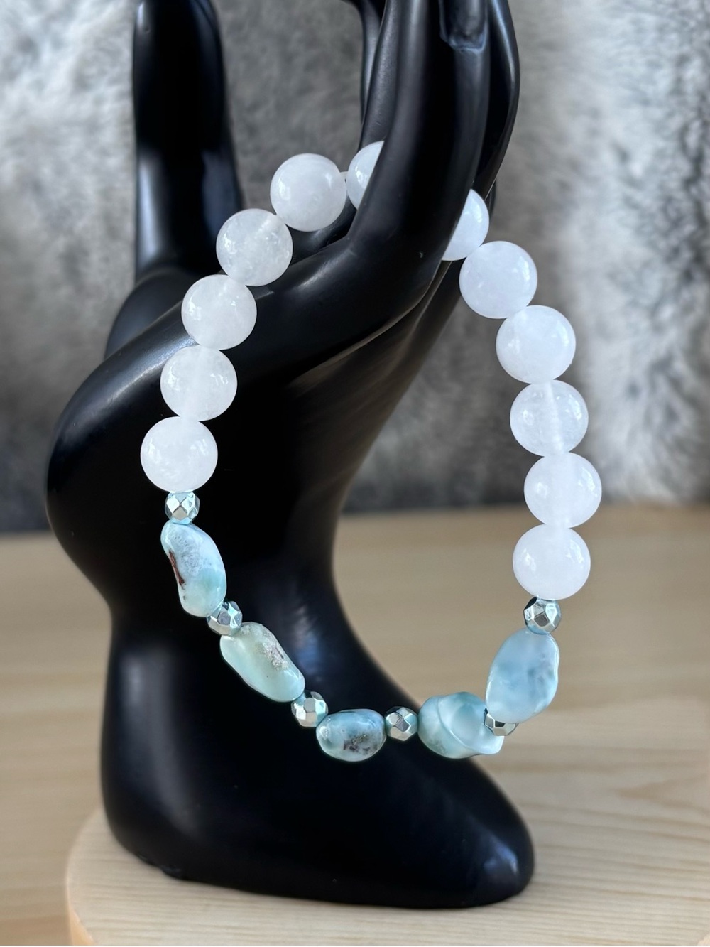 Larimar & White Jade Beaded Bracelet